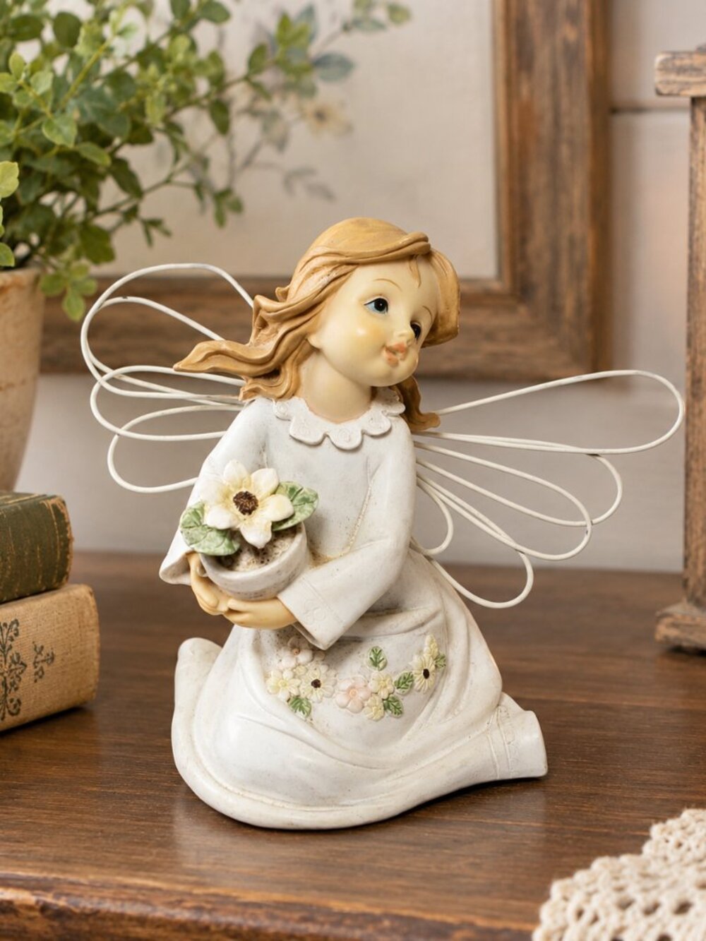 Popular Creations Angel Figurine FG5029 5" Sitting Angel Wire Wings